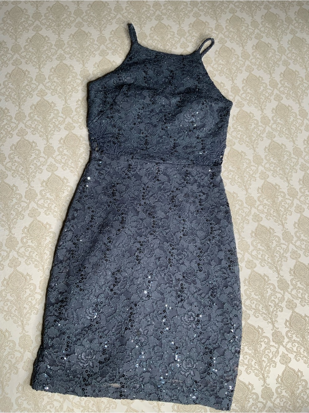 By & By Gray Blue Lace & Sequin Cocktail Dress Juniors Size 1